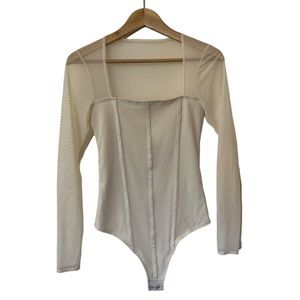 Abercrombie & Fitch Cream Square Neck Mesh Sleeve Bodysuit Size S
